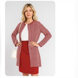 Talbot's Merino Wool Longline Cardigan Open Front Red White Check